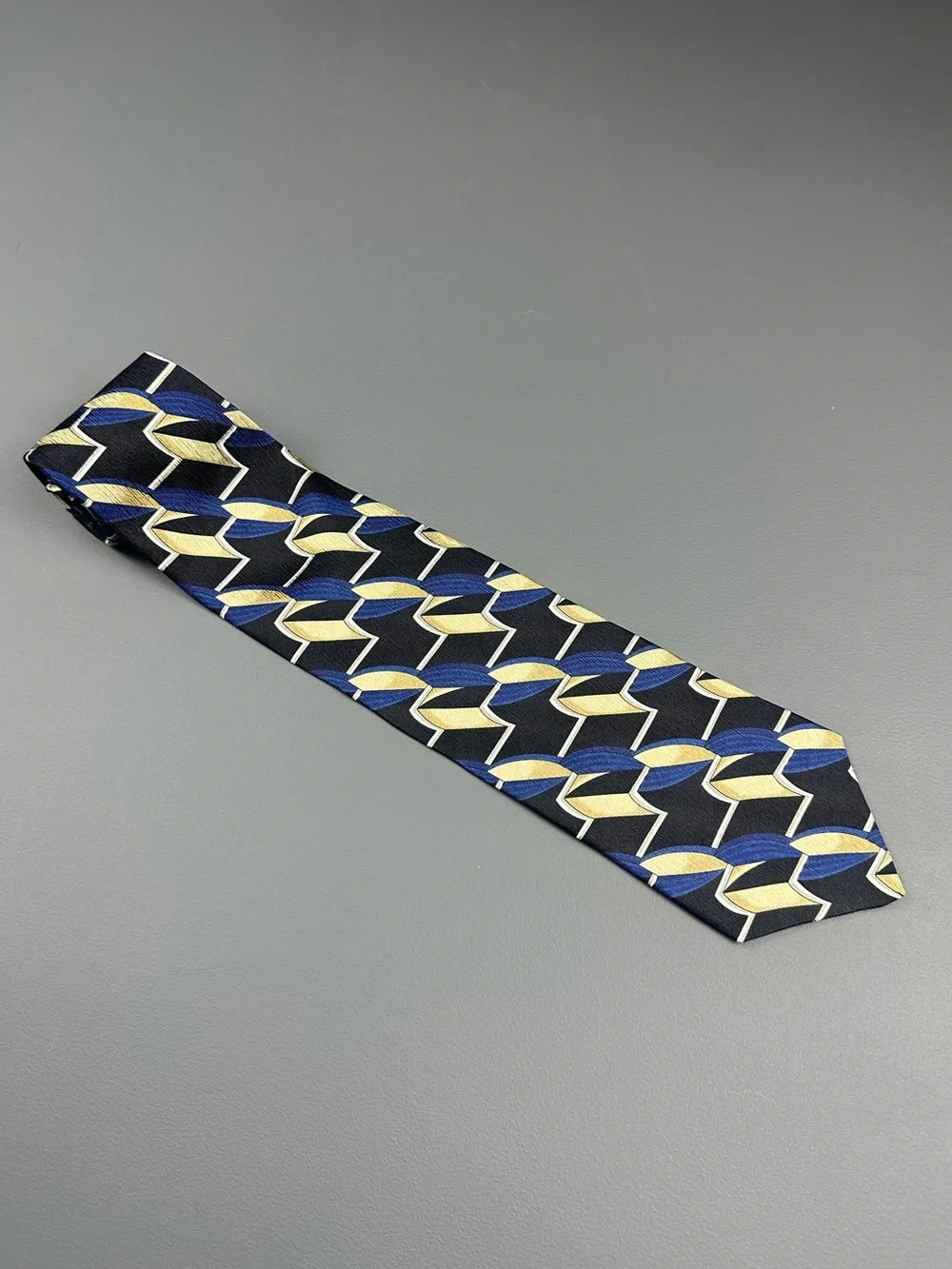 George Machado Designer 100% Silk Tie Blue Gold Black Geometric Made in USA